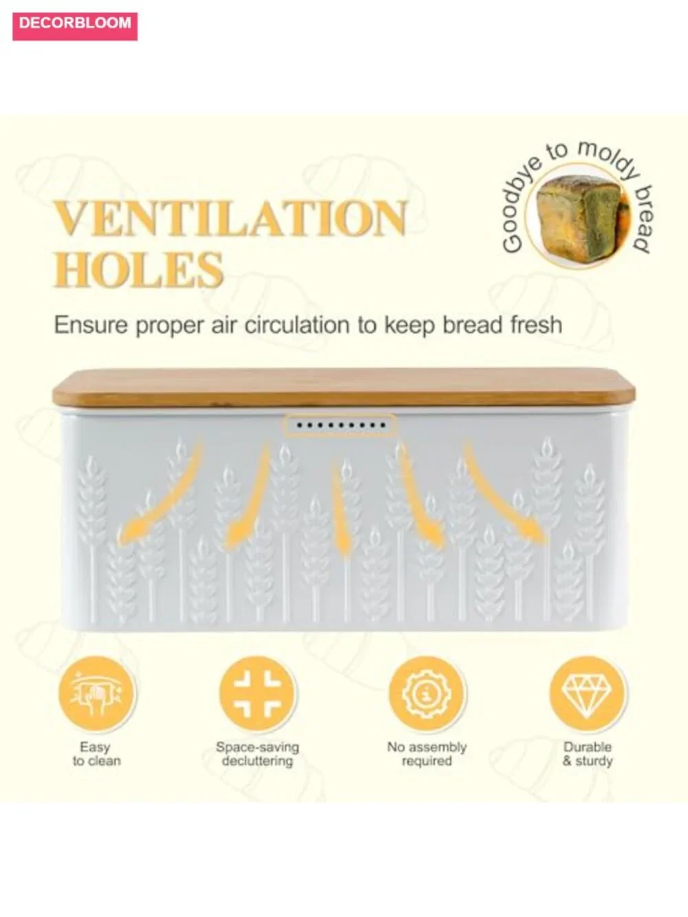White Ear of Wheat Embossed Bread Box with Bamboo Lid